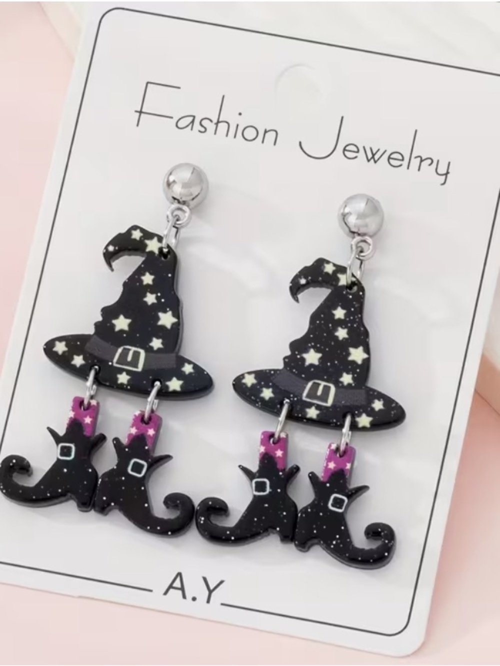Halloween Dangling Pierced Acrylic Earrings Designed with Witch Hats and Boots